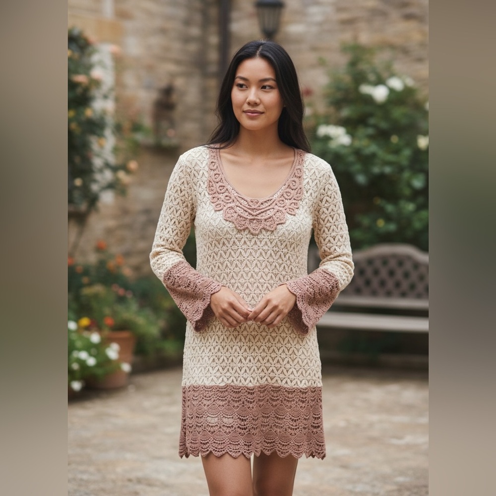 Anthropologie cotton crochet mini dress size S/Small cottagecore coastal hippie